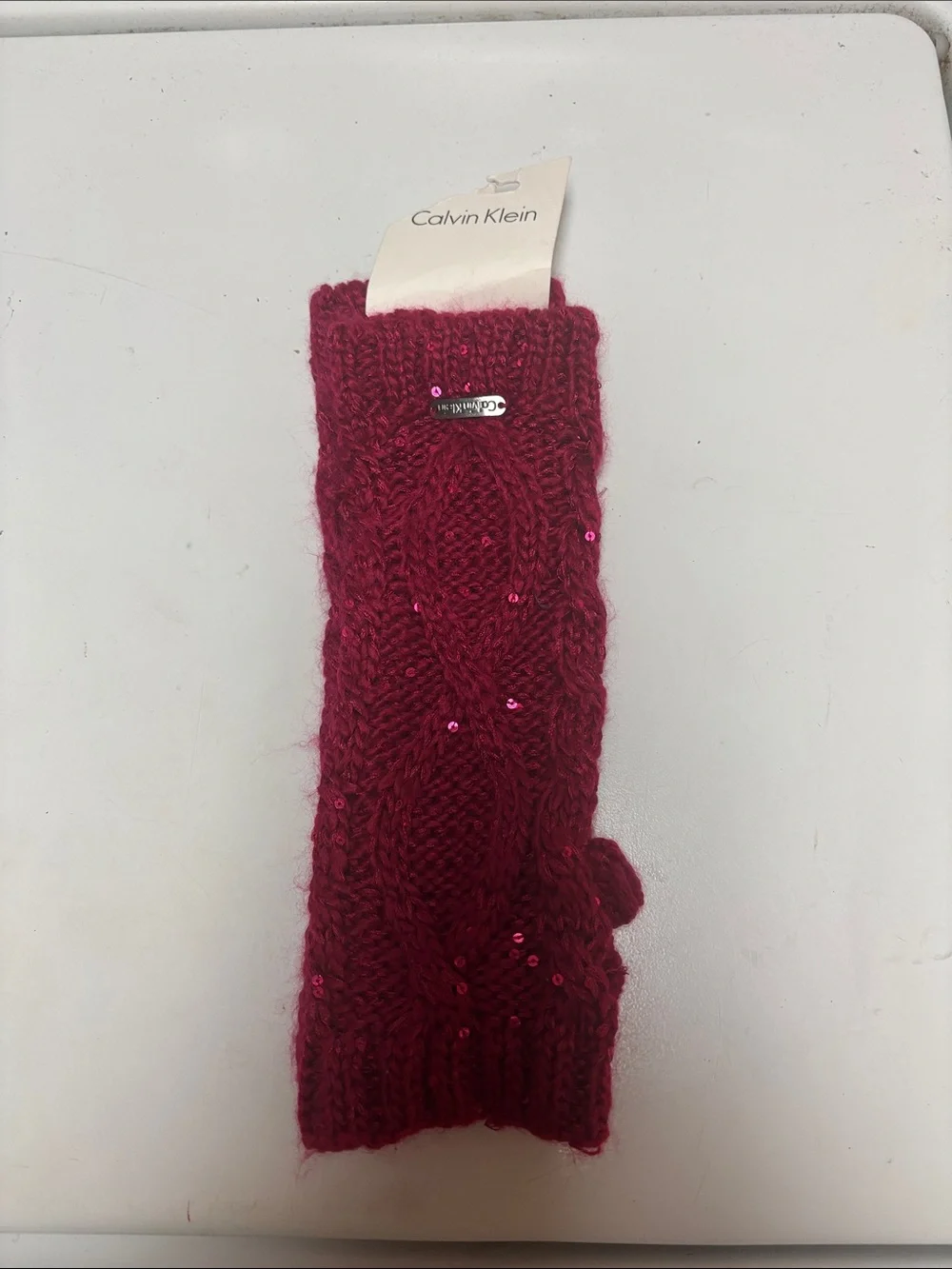Calvin Klein Burgundy Knit Sequin Fingerless Gloves